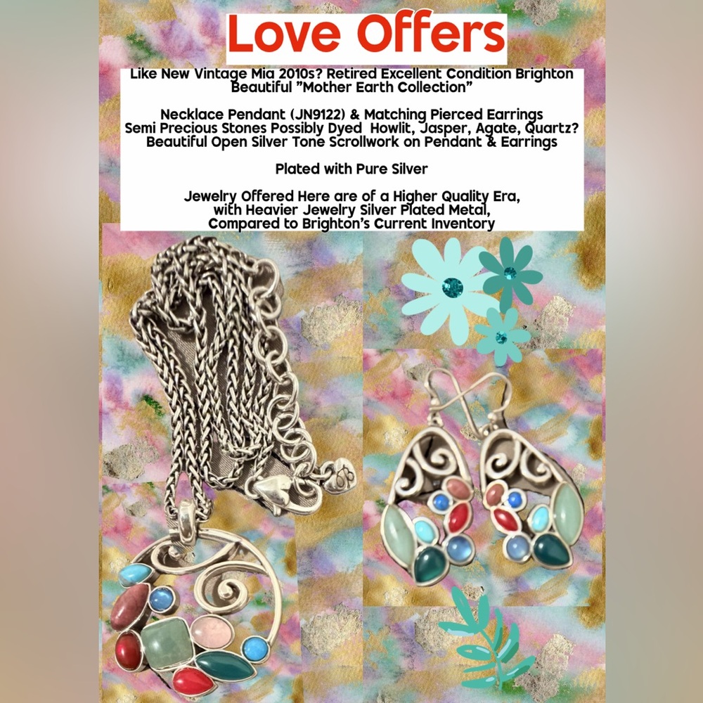 Brighton Pendant Necklace Earrings Dust Bag Mother Earth Collection Silverplate